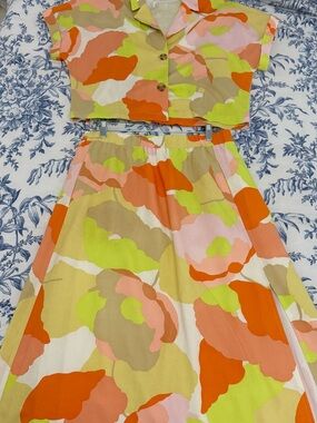 Vibrant Abstract Crop Top & Midi Skirt Set - Neon Orange, Pink & Lime